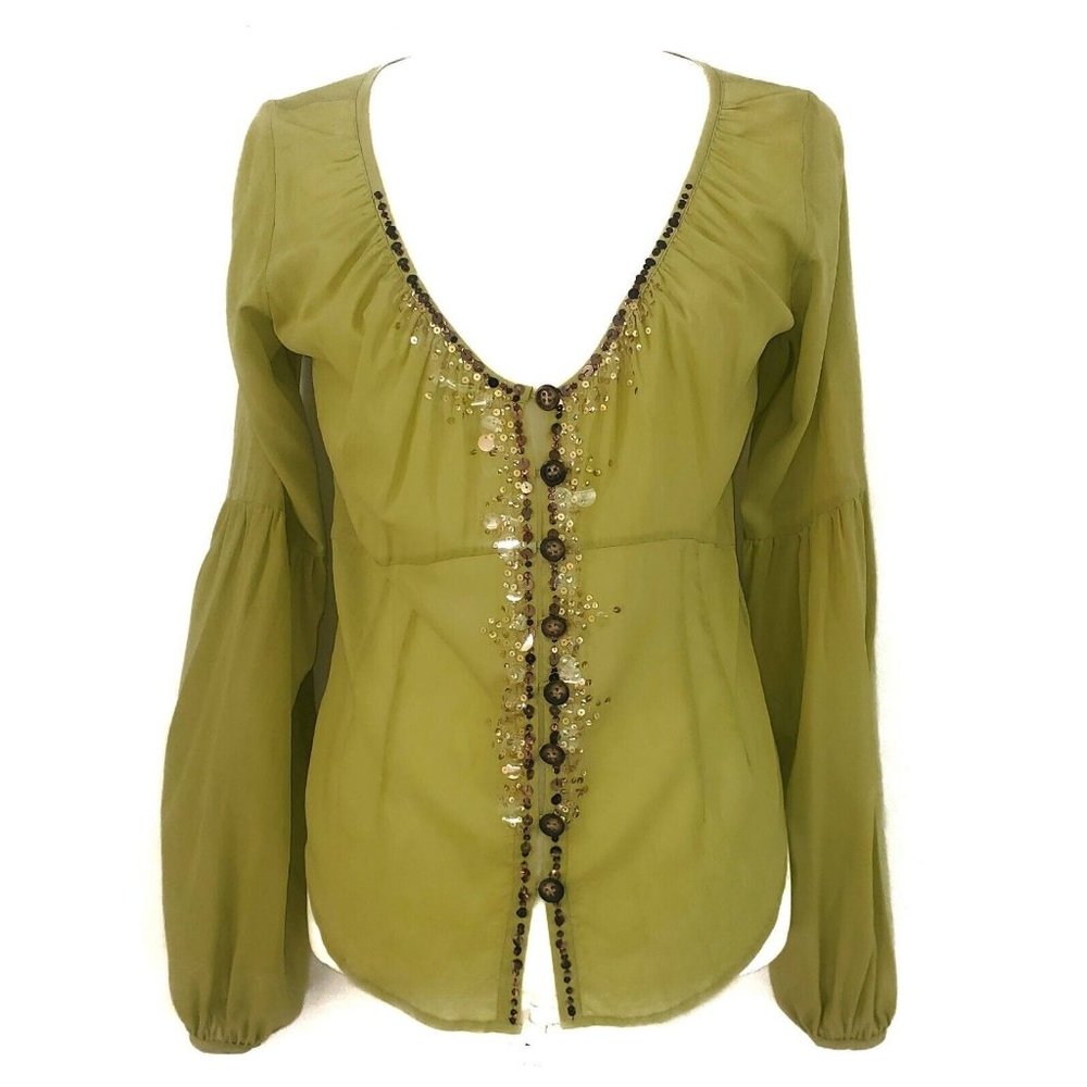 Anthropologie Casch Green Silk Top Blouse Beaded Buttons Puffy Long Sleeve 38/6